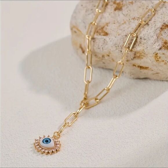 Vintage Inspired Gold Evil Eye Paperclip Rhinestone Chain Necklace - Picture 5 of 5